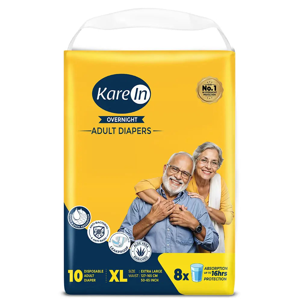 KareIn Overnight Adult Diapers, Extra Large, Waist Size 127-165 Cm (50"-65"), Tape Style, High Absorbency, Odour Free, With Aloe Vera Lotion, Anti-Bacterial, ADL, Leak Proof, 10 Count