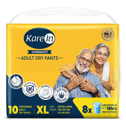 KareIn Overnight Adult Diaper Pants, Extra Large 100-150 Cm (40"- 59"), Unisex, Leakproof, Elastic Waist, With Aloe Vera Lotion, Anti-Bacterial, ADL, Wetness Indicator, Pack of 3, 30 Count
