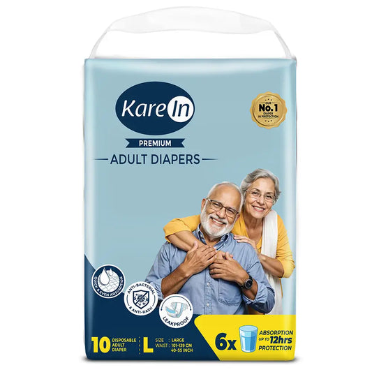 KareIn Premium Adult Diapers, Large, Waist Size 101-139 Cm (40"-55"), Tape Style, Unisex, High Absorbency, Leak Proof, Wetness Indicator, Pack of 6, 60 diapers