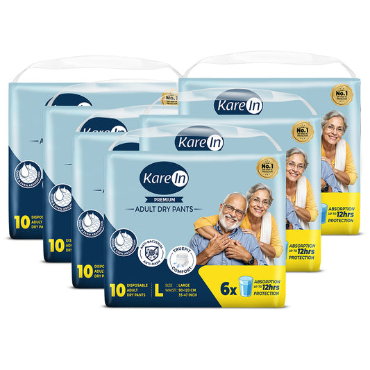 KareIn Premium Adult Diaper Pants, Large 90-120 Cm (35"- 47"), Unisex, Leakproof, Elastic Waist, Wetness, Indicator, Pack of 6, 60 Count