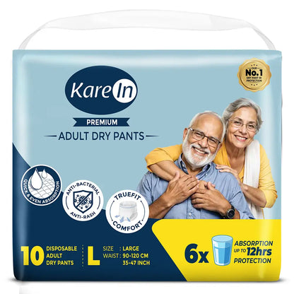 KareIn Premium Adult Diaper Pants, Large 90-120 Cm (35"- 47"), Unisex, Leakproof, Elastic Waist, Wetness, Indicator, 10 Count