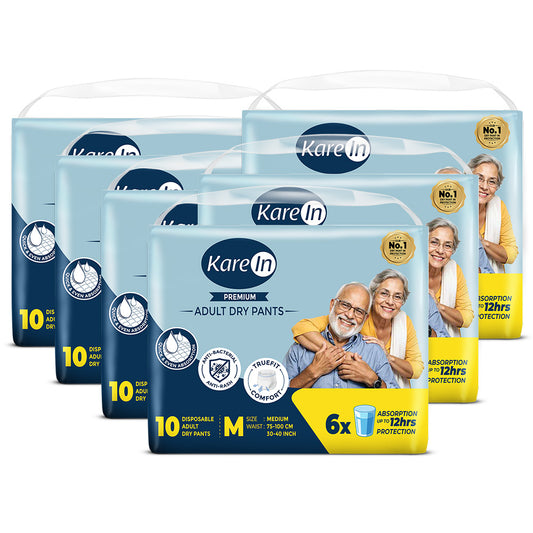 KareIn Premium Adult Diaper Pants, Medium 75 - 100 Cm (30"- 40"), Unisex, Leakproof, Elastic Waist, Wetness, Indicator, Pack of 6, 60 Count