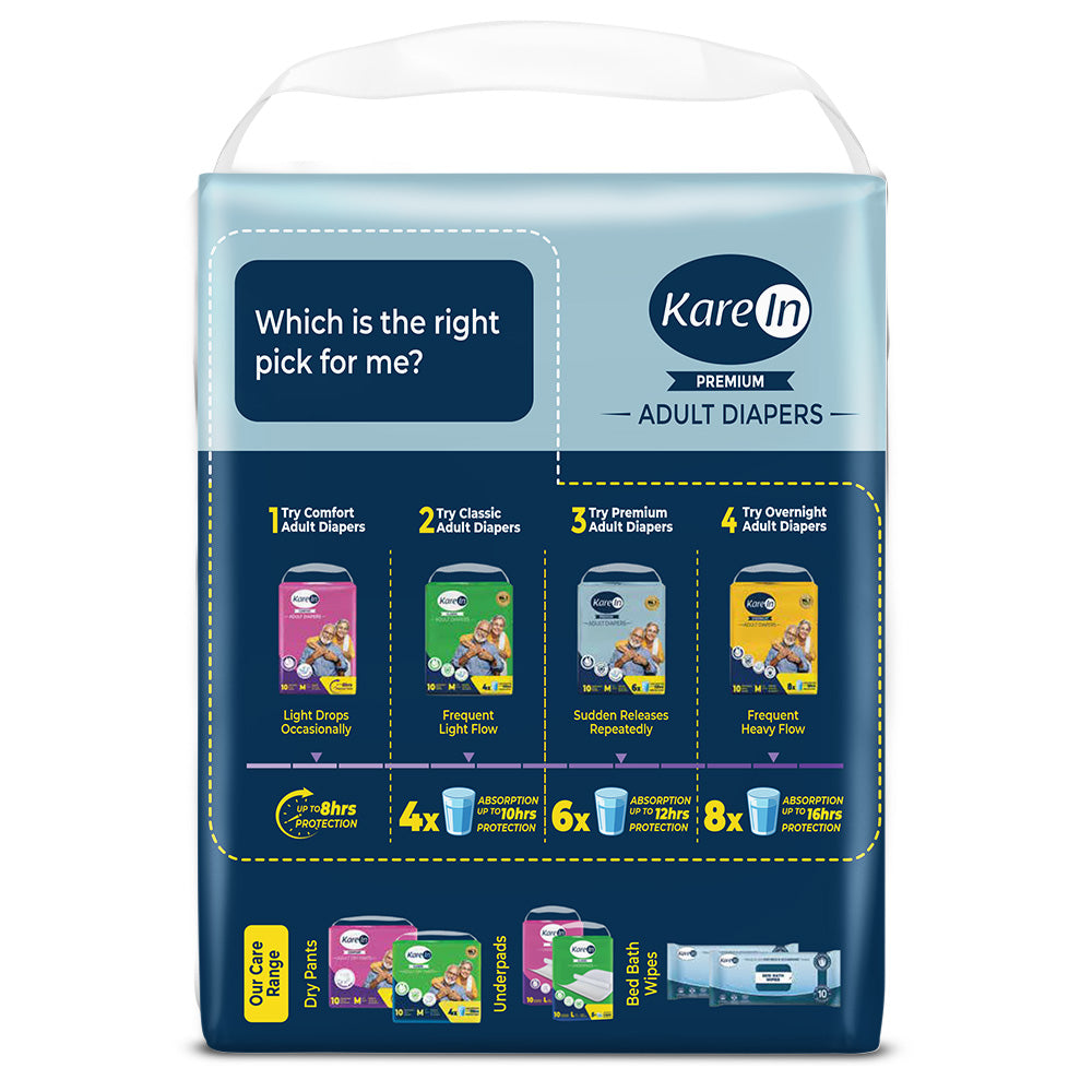 KareIn Premium Adult Diapers, Medium, Waist Size 76-114 Cm (30"-45"), Tape Style, Unisex, High Absorbency, Leak Proof, Wetness Indicator, 10 diapers