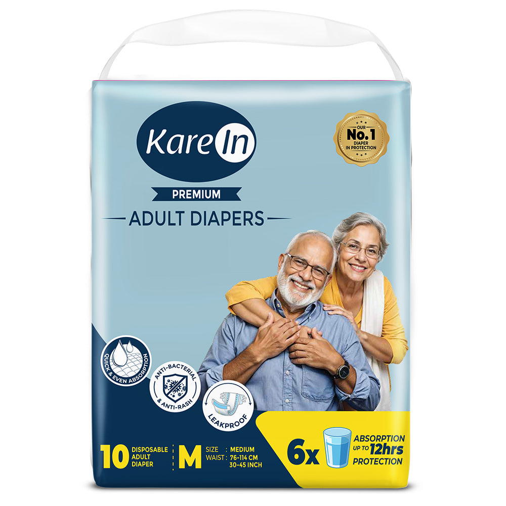 KareIn Premium Adult Diapers, Medium, Waist Size 76-114 Cm (30"-45"), Tape Style, Unisex, High Absorbency, Leak Proof, Wetness Indicator, 10 diapers