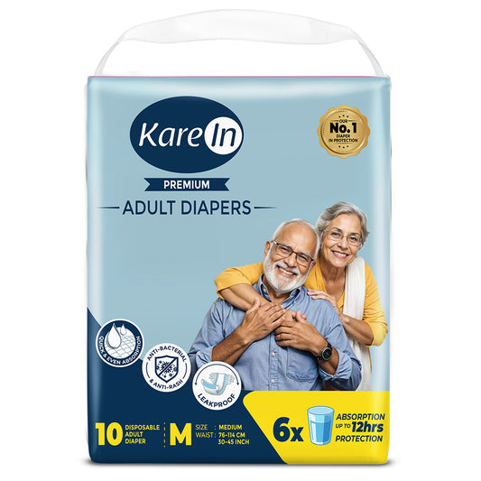 KareIn Premium Adult Diapers, Medium, Waist Size 76-114 Cm (30"-45"), Tape Style, Unisex, High Absorbency, Leak Proof, Wetness Indicator, Pack of 2, 20 diapers