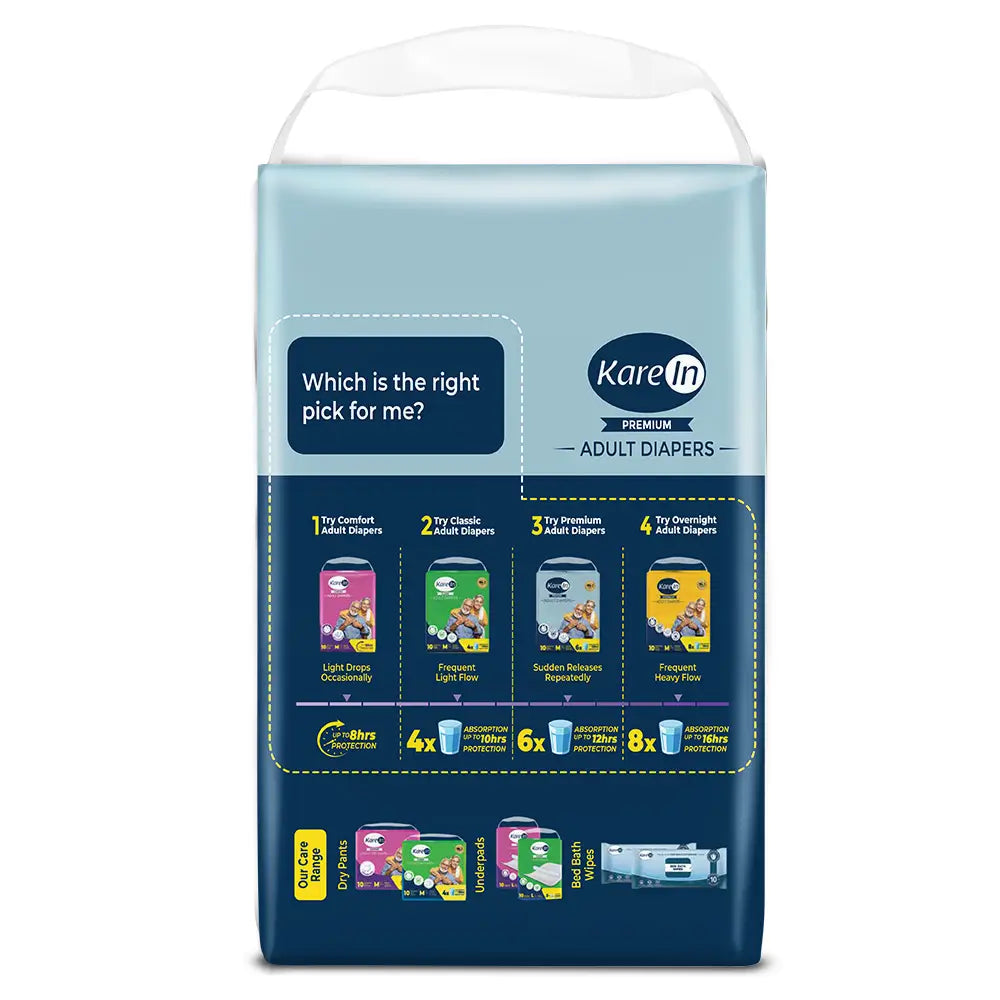 KareIn Premium Adult Diapers, Extra Large, Waist Size127-165 Cm (50"-65"), Tape Style, Unisex, High Absorbency, Leak Proof, Wetness Indicator, 10 diapers