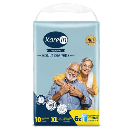 KareIn Premium Adult Diapers, Extra Large, Waist Size127-165 Cm (50"-65"), Tape Style, Unisex, High Absorbency, Leak Proof, Wetness Indicator, 10 diapers