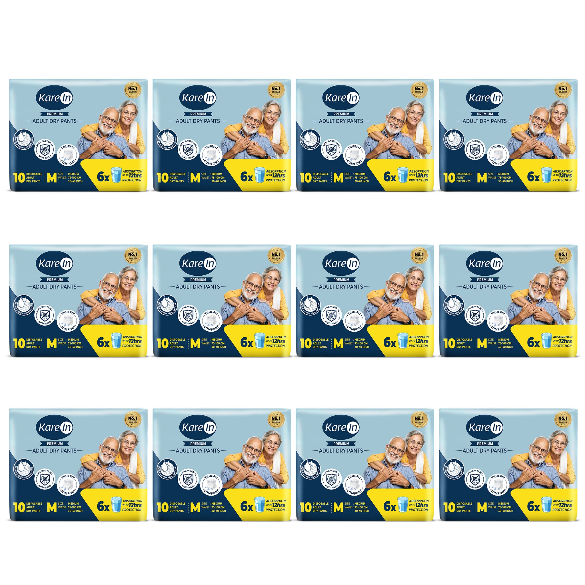 KareIn Premium Adult Diaper Pants, Medium 75 - 100 Cm (30"- 40"), Unisex, Leakproof, Elastic Waist, Wetness, Indicator, Pack of 12, 120 Count
