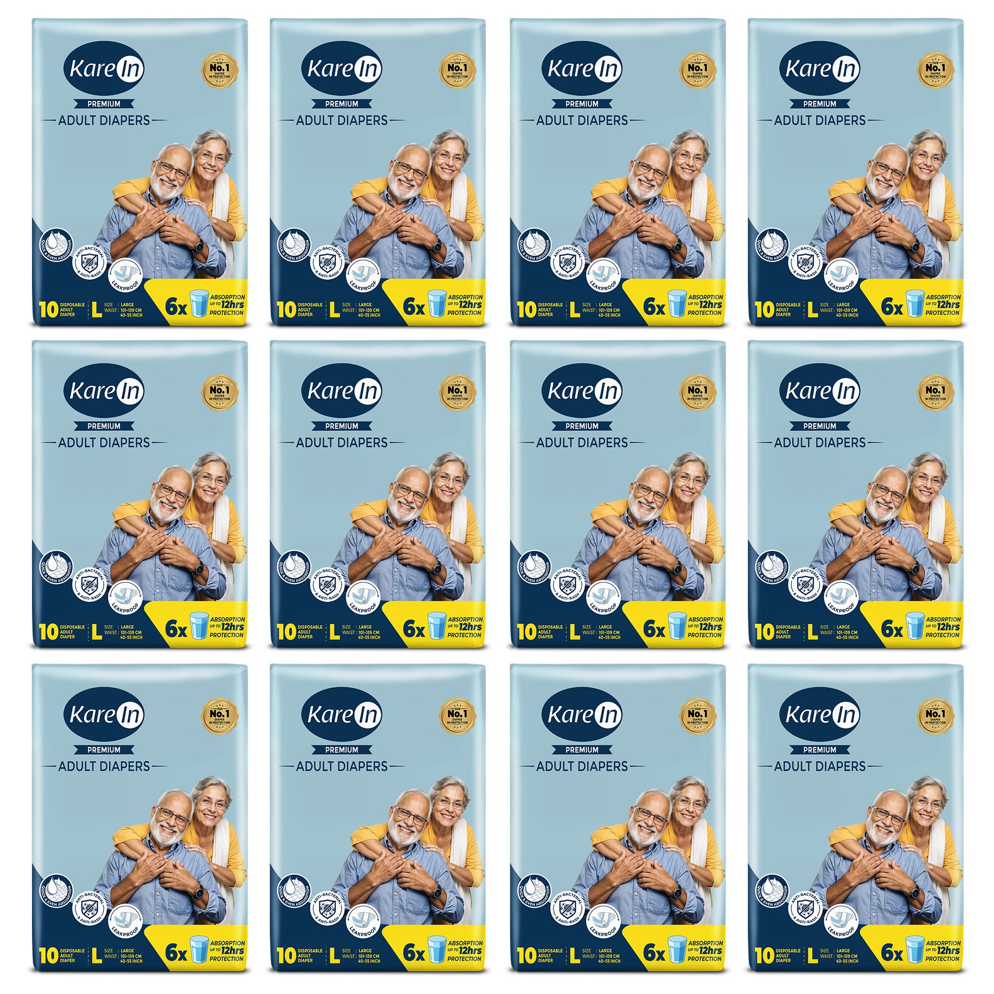 KareIn Premium Adult Diapers, Extra Large, Waist Size127-165 Cm (50"-65"), Tape Style, Unisex, High Absorbency, Leak Proof, Wetness Indicator, Pack of 12, 120 diapers