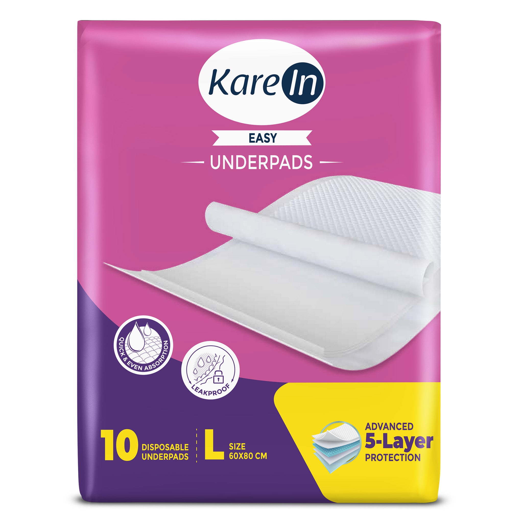 KareIn Easy Underpads, Large 60 X 80 Cm, High Absorbency, Leak Proof, Unisex, 10 Count