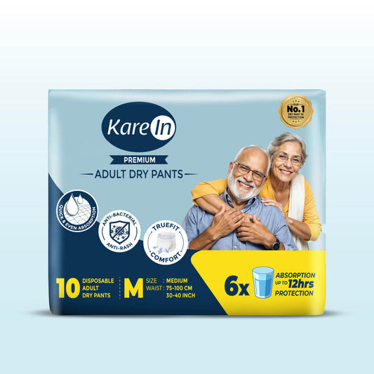 KareIn Premium Adult Diapers, Medium, Waist Size 76-114 Cm (30"-45"), Tape Style, Unisex, High Absorbency, Leak Proof, Wetness Indicator, 10 diapers