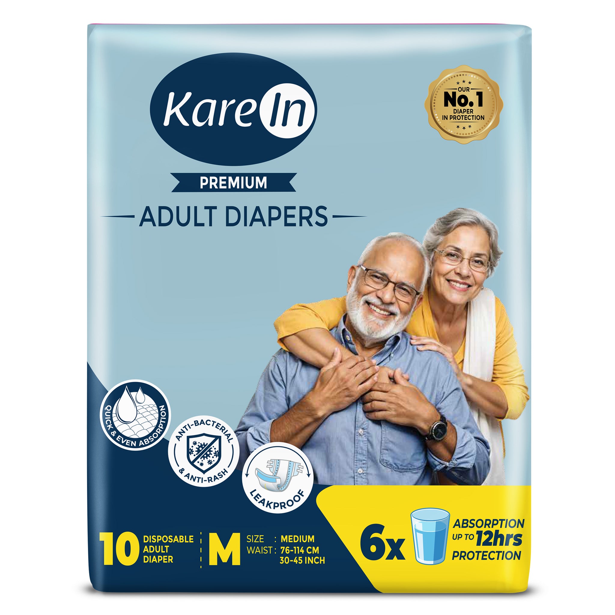 KareIn Premium Adult Diapers, Medium, Waist Size 76-114 Cm (30"-45"), Tape Style, Unisex, High Absorbency, Leak Proof, Wetness Indicator, 10 diapers