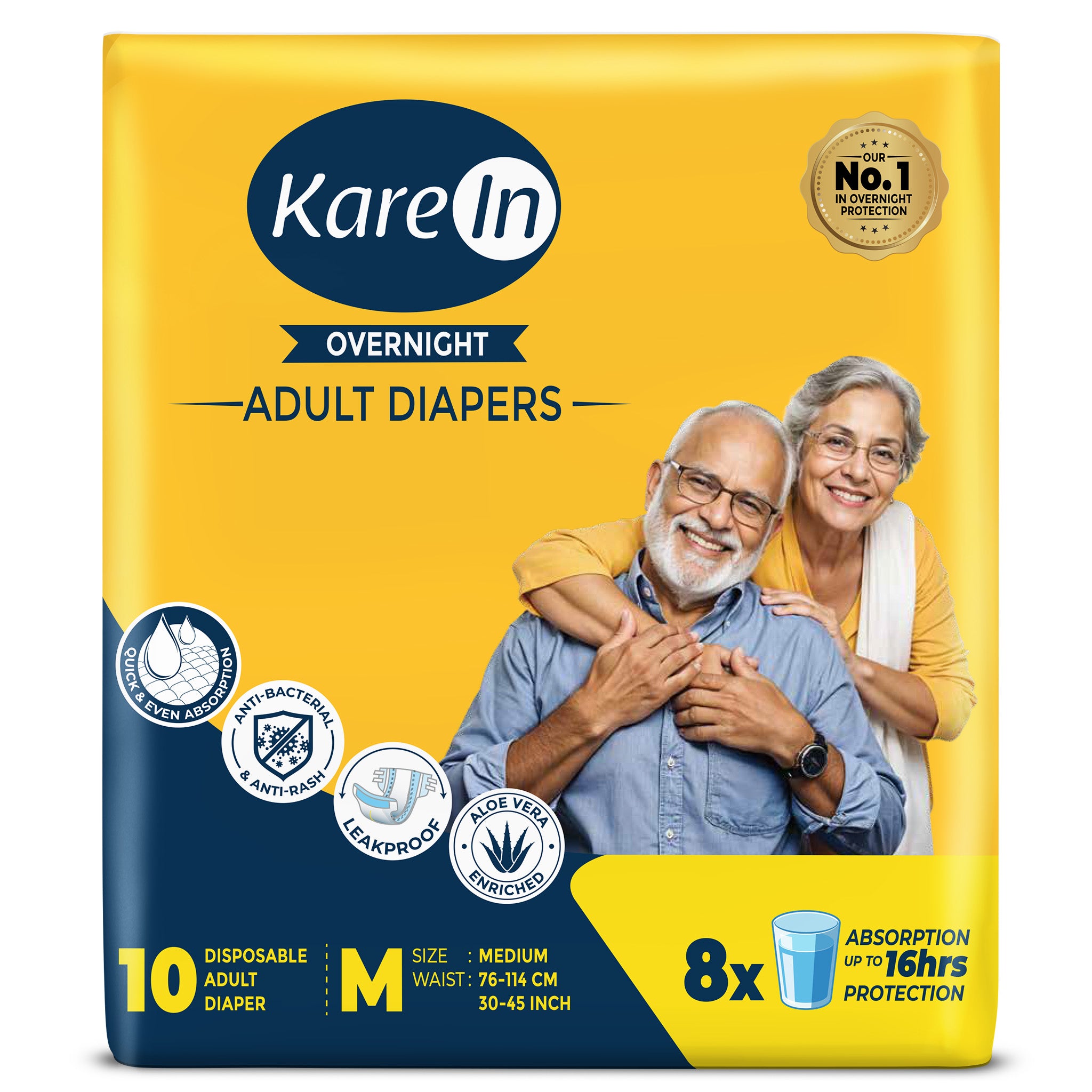 KareIn Overnight Adult Diapers, Medium, Waist Size 76-114 Cm (30"- 45"), Tape Style, High Absorbency, Odour Free, With Aloe Vera Lotion, Anti-Bacterial, ADL, Leak Proof, 10 Count