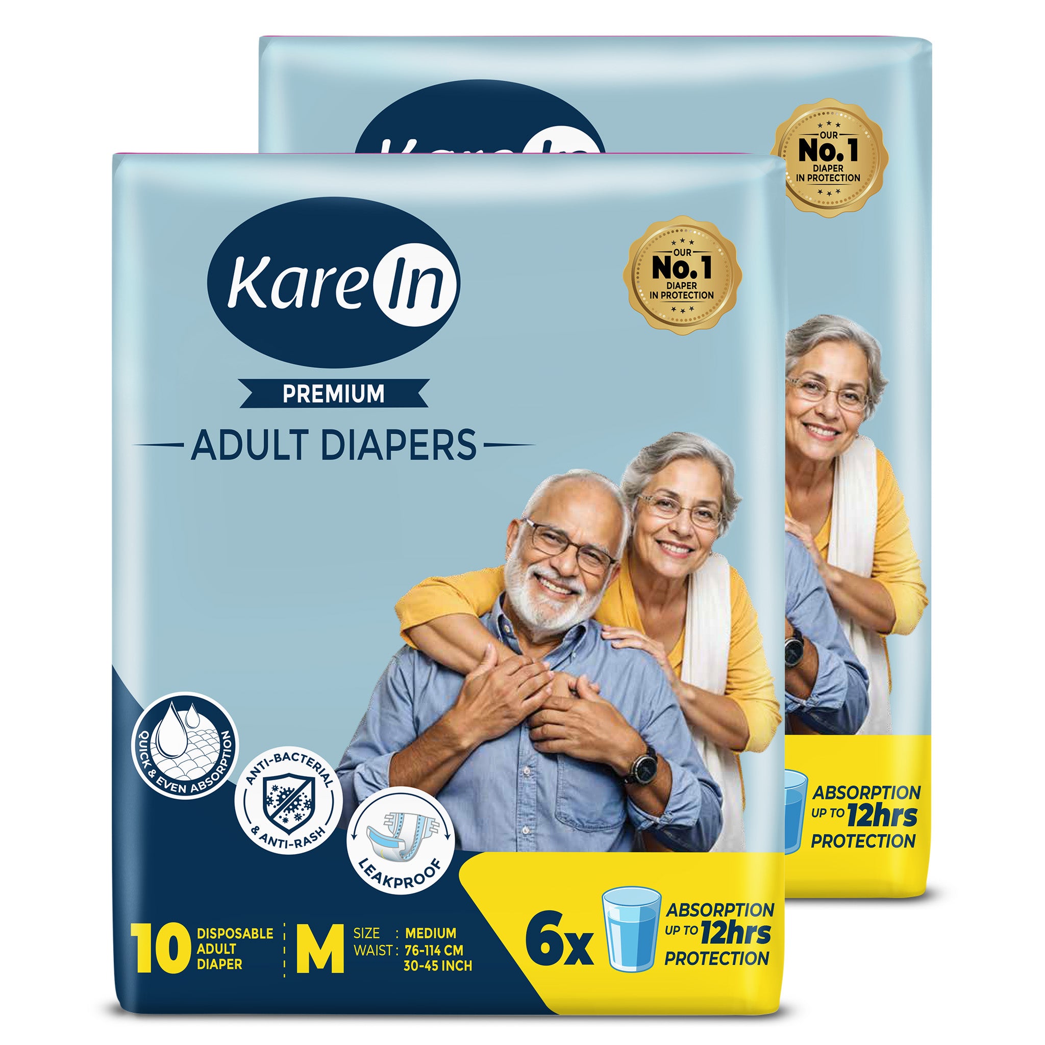KareIn Premium Adult Diapers, Medium, Waist Size 76-114 Cm (30"-45"), Tape Style, Unisex, High Absorbency, Leak Proof, Wetness Indicator, Pack of 2, 20 diapers