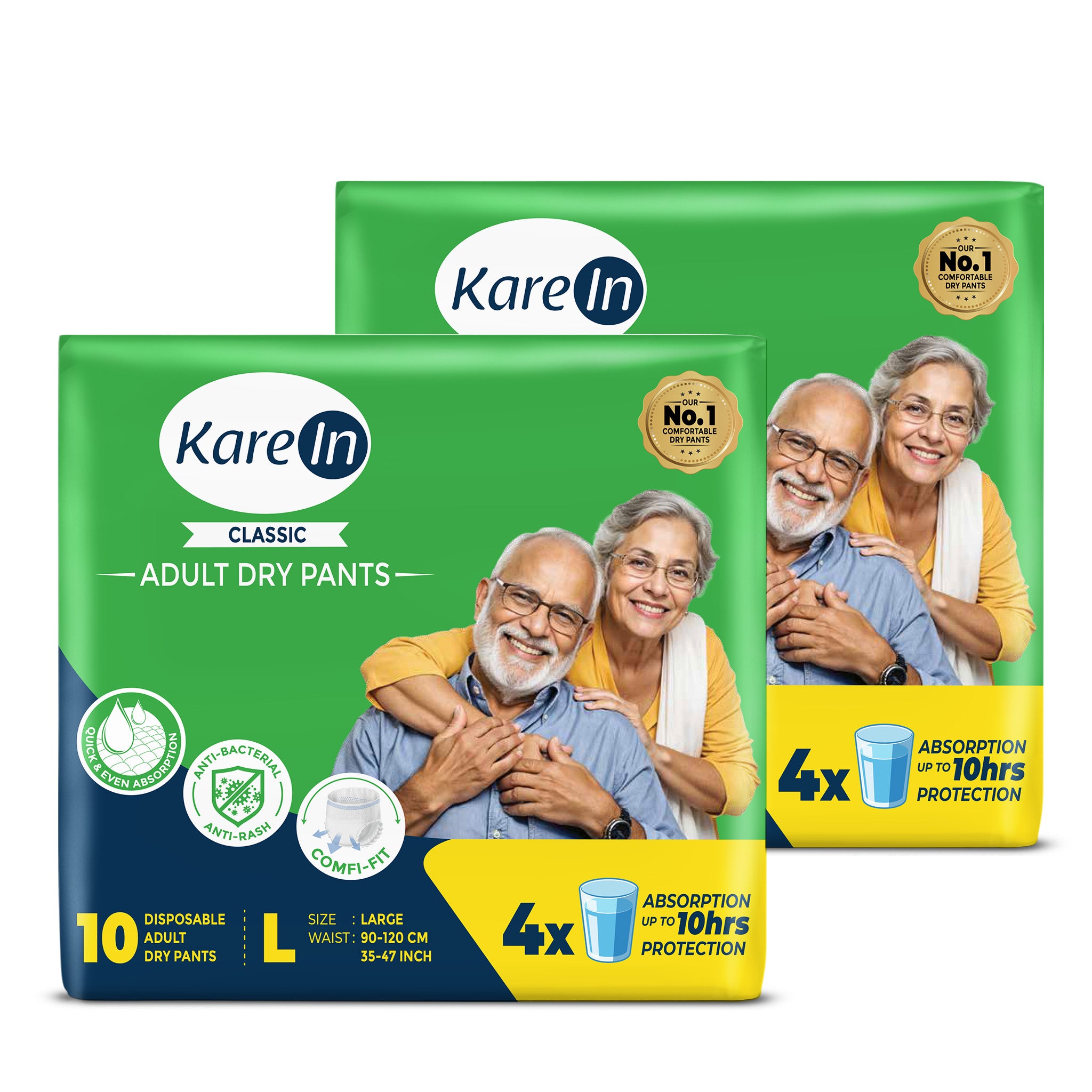 KareIn Classic Adult Diaper Pants, Large 90-120 Cm (35"- 47"), Unisex, Leakproof, Elastic Waist, Wetness, Indicator, Pack of 2, 20 Count