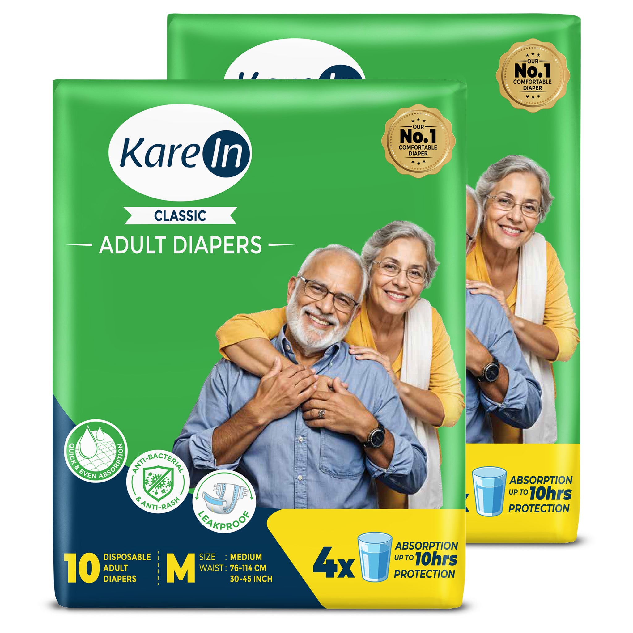 KareIn Classic Adult Diapers, Medium, Waist Size 76-114 Cm (30"-45"), Tape Style, Unisex, High Absorbency, Leak Proof, Wetness Indicator, Pack of 2, 20 diapers