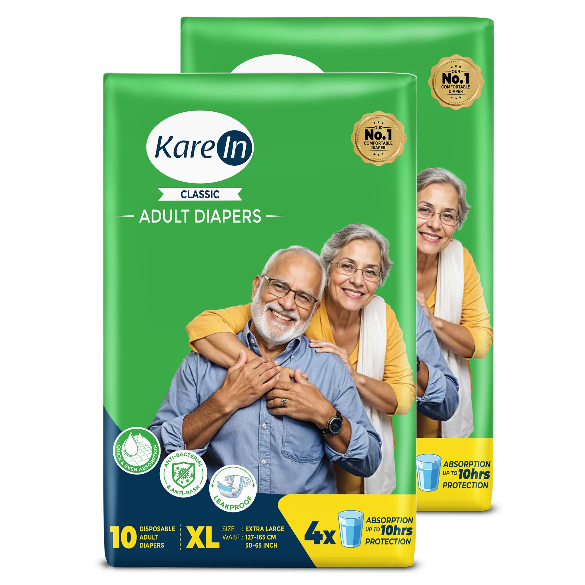 KareIn Classic Adult Diapers, Extra Large, Waist Size127-165 Cm (50"-65"), Tape Style, Unisex, High Absorbency, Leak Proof, Wetness Indicator, Pack of 2, 20 diapers