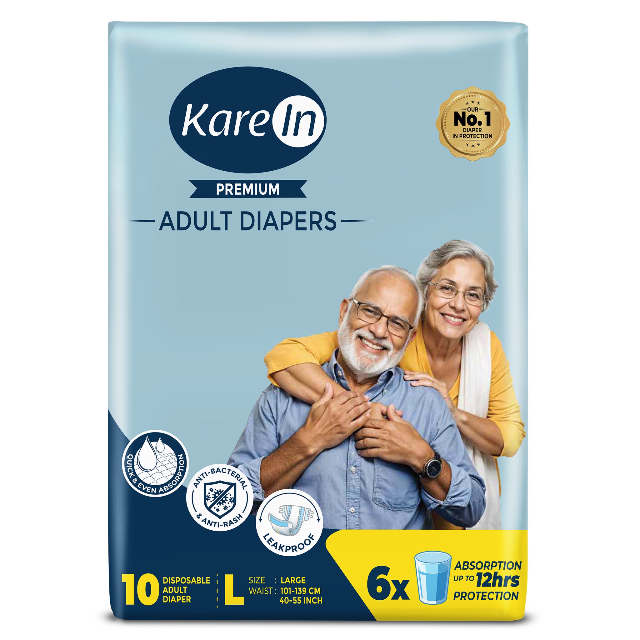 KareIn Premium Adult Diapers, Large, Waist Size 101-139 Cm (40"-55"), Tape Style, Unisex, High Absorbency, Leak Proof, Wetness Indicator, 10 diapers