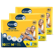 KareIn Overnight Adult Diaper Pants, Medium 75-100 Cm (30"- 40"), Unisex, Leakproof, Elastic Waist, With Aloe Vera Lotion, Anti-Bacterial, ADL, Wetness Indicator, Pack of 3, 30 Count