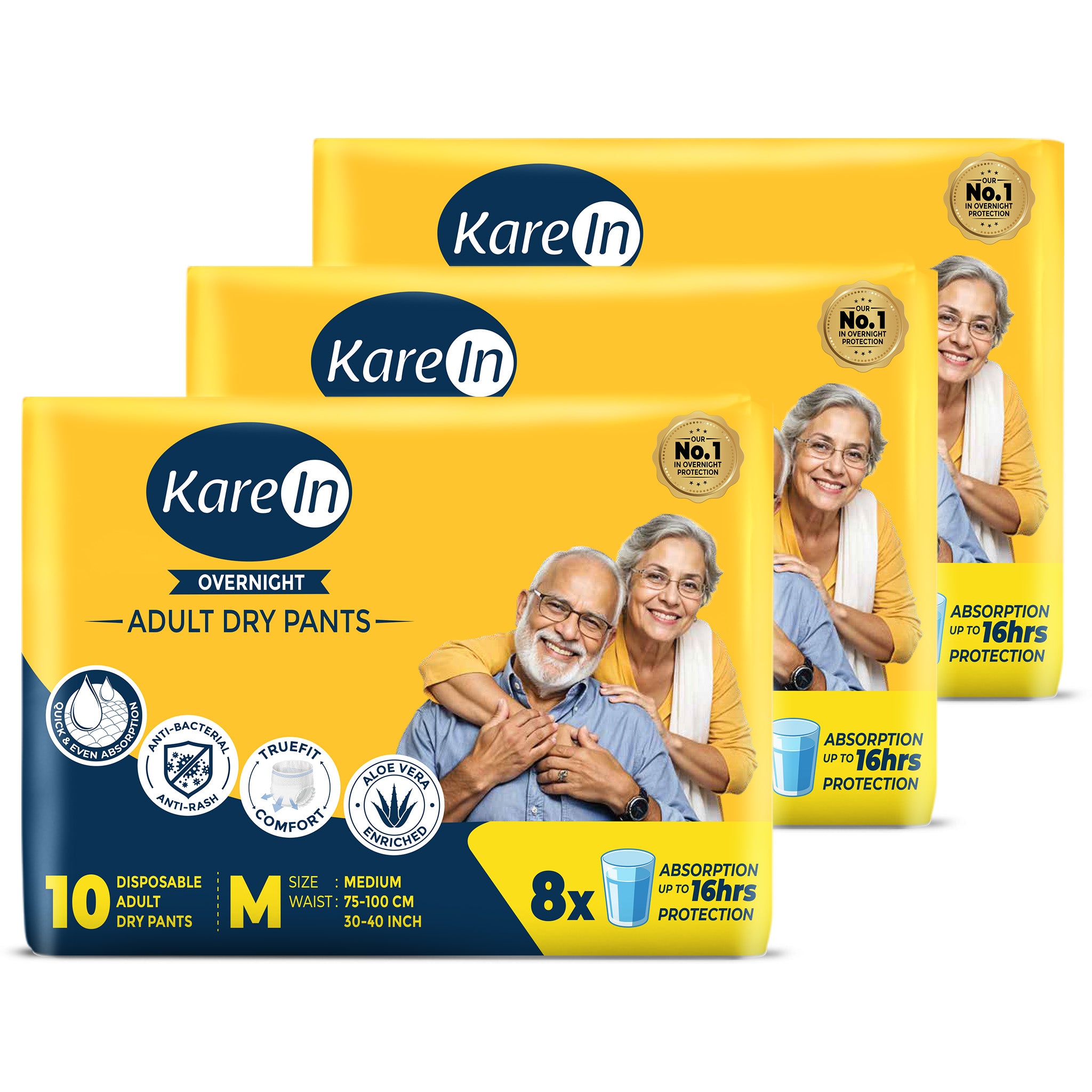 KareIn Overnight Adult Diaper Pants, Medium 75-100 Cm (30"- 40"), Unisex, Leakproof, Elastic Waist, With Aloe Vera Lotion, Anti-Bacterial, ADL, Wetness Indicator, Pack of 3, 30 Count