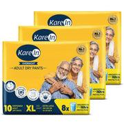 KareIn Overnight Adult Diaper Pants, Extra Large 100-150 Cm (40"- 59"), Unisex, Leakproof, Elastic Waist, With Aloe Vera Lotion, Anti-Bacterial, ADL, Wetness Indicator, Pack of 3, 30 Count