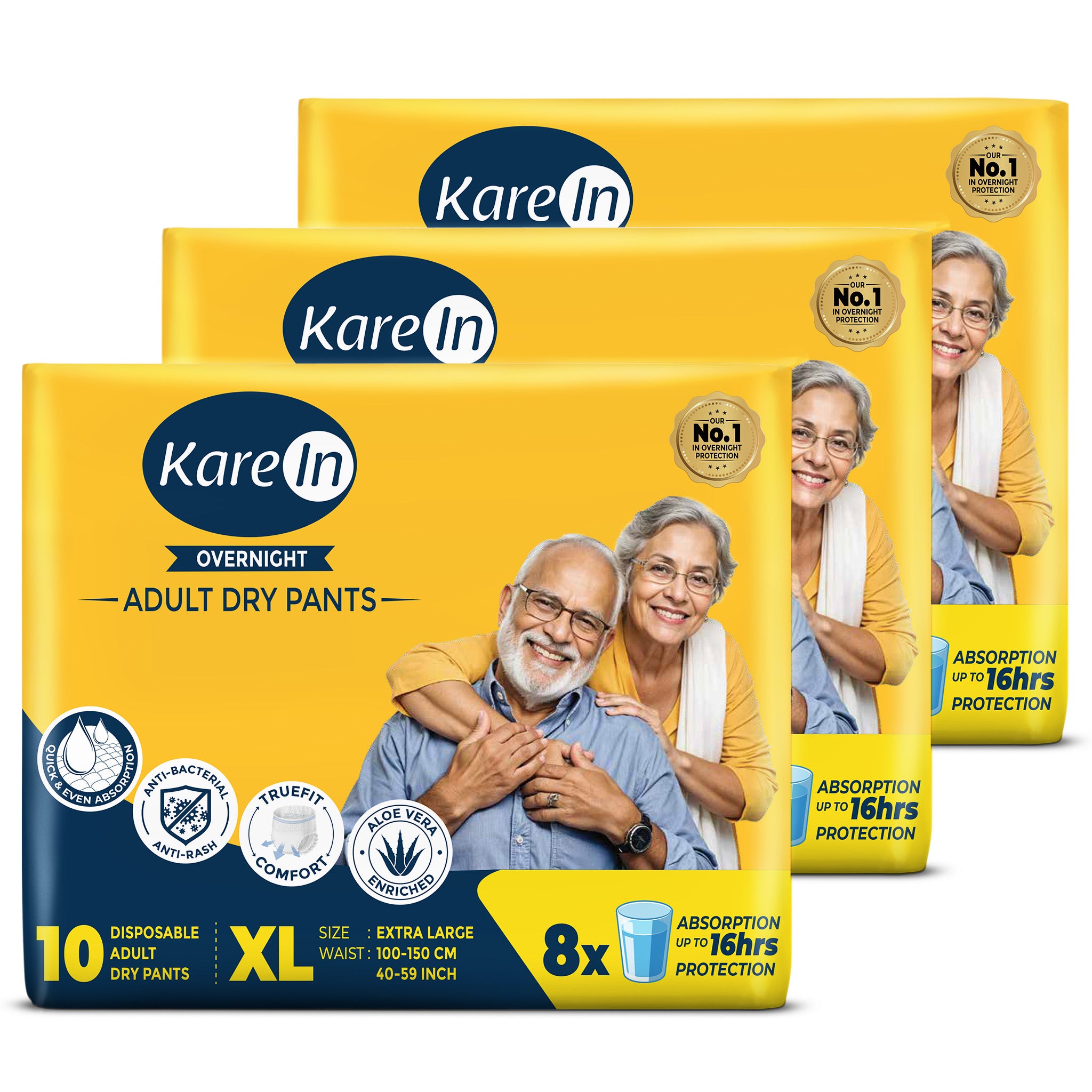 KareIn Overnight Adult Diaper Pants, Extra Large 100-150 Cm (40"- 59"), Unisex, Leakproof, Elastic Waist, With Aloe Vera Lotion, Anti-Bacterial, ADL, Wetness Indicator, Pack of 3, 30 Count