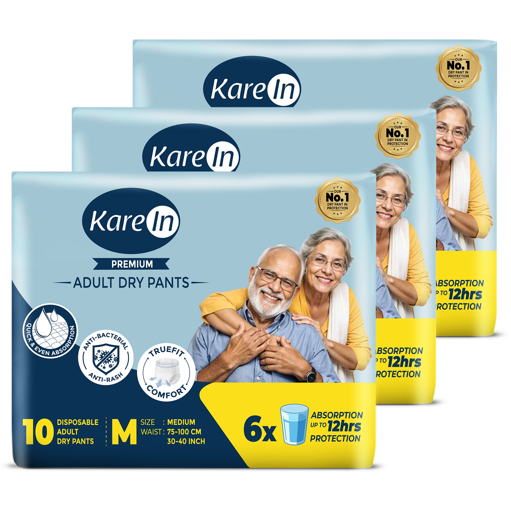 KareIn Premium Adult Diaper Pants, Medium 75 - 100 Cm (30"- 40"), Unisex, Leakproof, Elastic Waist, Wetness, Indicator, Pack of 3, 30 Count