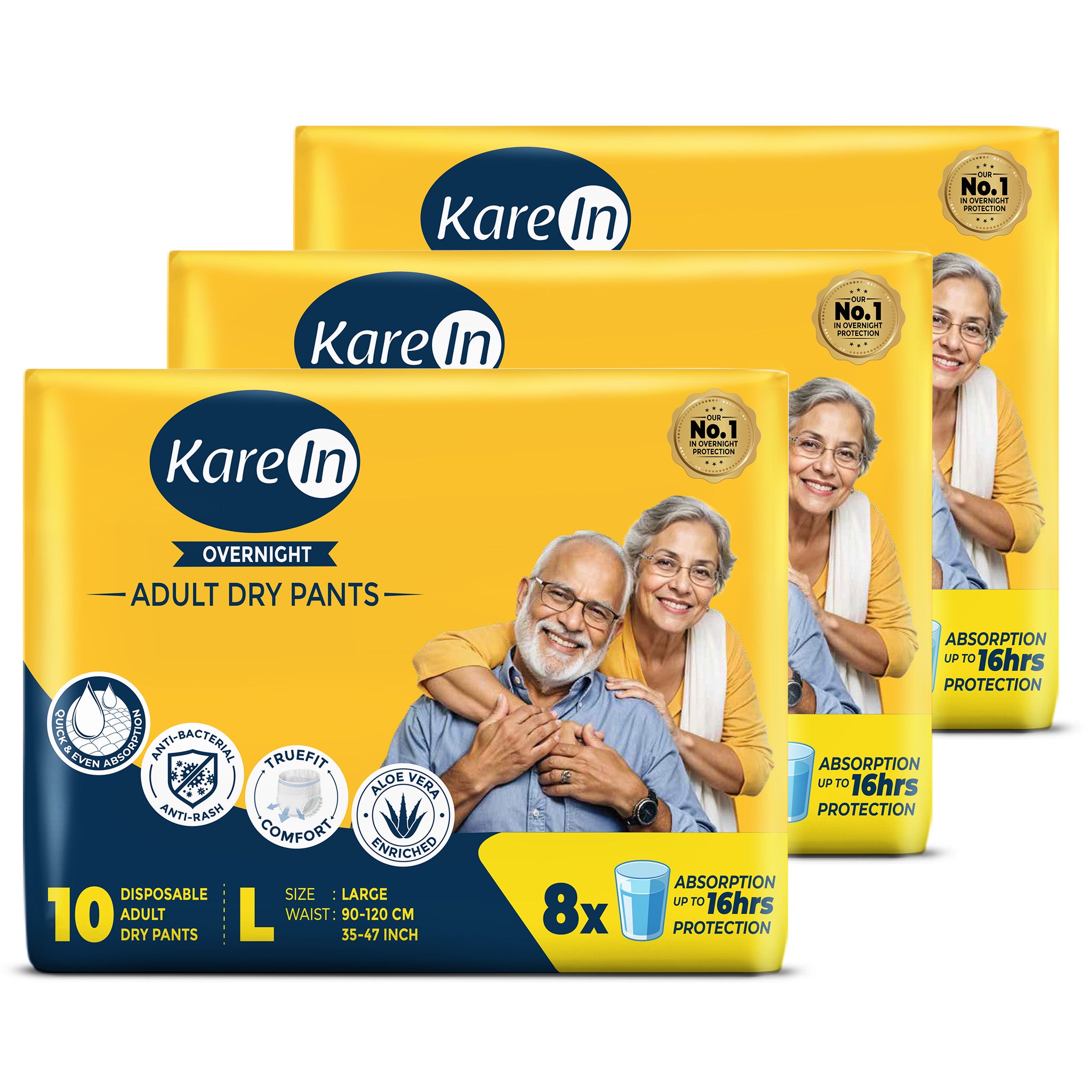 KareIn Overnight Adult Diaper Pants, Large 90-120 Cm (35"- 47"), Unisex, Leakproof, Elastic Waist, With Aloe Vera Lotion, Anti-Bacterial, ADL, Wetness Indicator, 30 Count