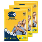 KareIn Overnight Adult Diapers, Large, Waist Size 101-139 Cm (40"-55"), Tape Style, High Absorbency, Odour Free, With Aloe Vera Lotion, Anti-Bacterial, ADL, Leak Proof, Pack of 3, 30 Count