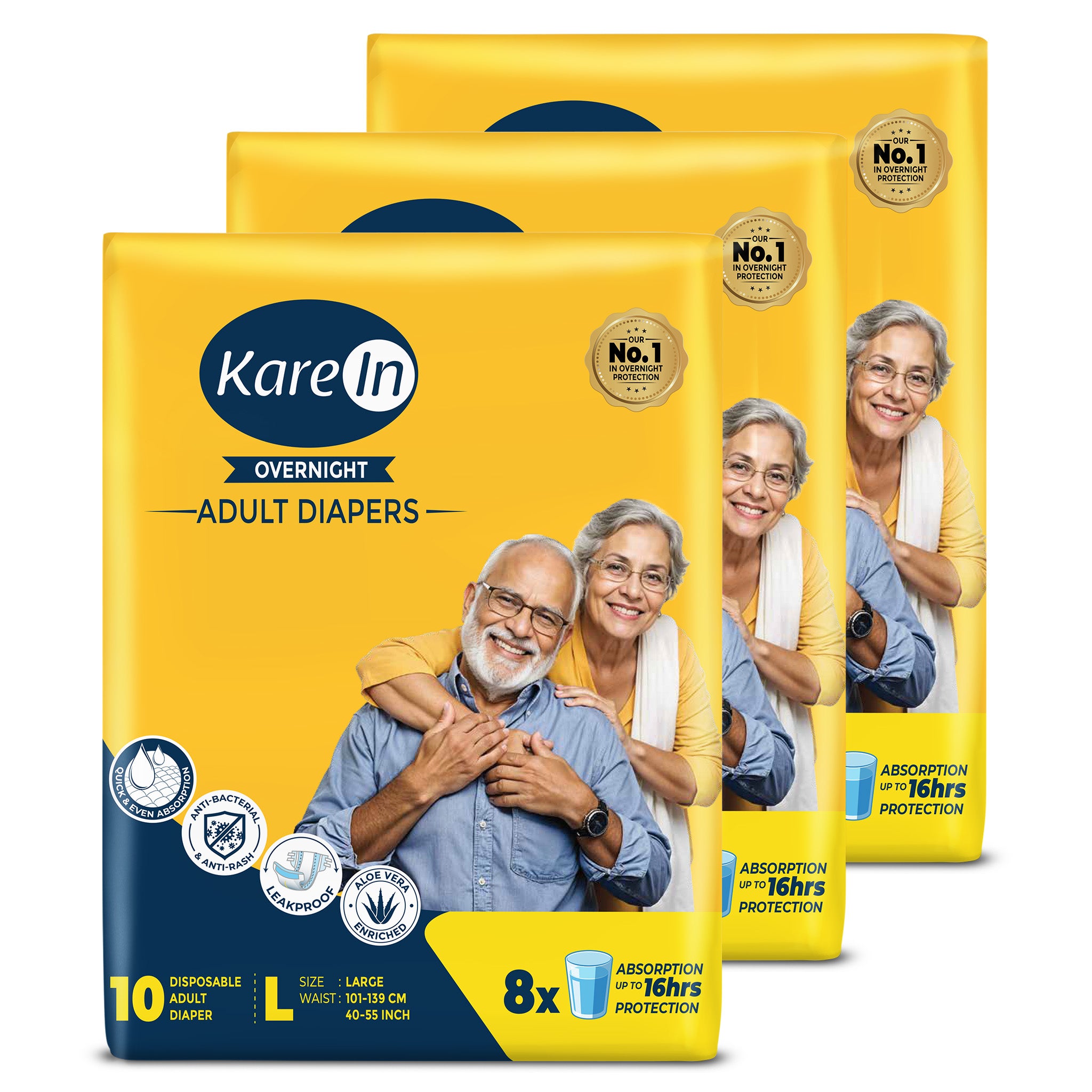 KareIn Overnight Adult Diapers, Large, Waist Size 101-139 Cm (40"-55"), Tape Style, High Absorbency, Odour Free, With Aloe Vera Lotion, Anti-Bacterial, ADL, Leak Proof, Pack of 3, 30 Count