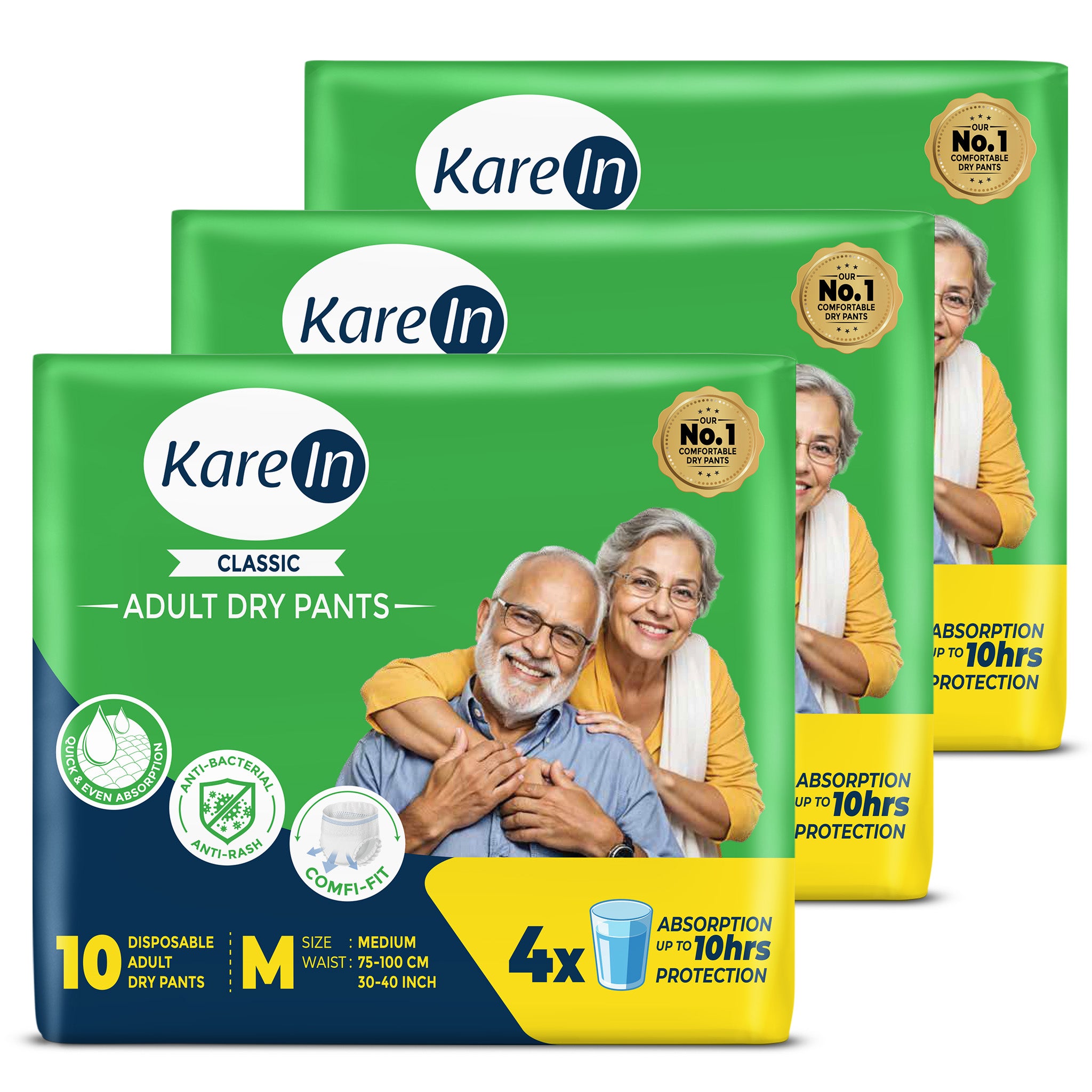 KareIn Classic Adult Diaper Pants, Medium 75 - 100 Cm (30"- 40"), Unisex, Leakproof, Elastic Waist, Wetness, Indicator, Pack of 3, 30 Count
