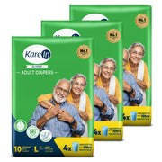 KareIn Classic Adult Diapers, Large, Waist Size 101-139 Cm (40"-55"), Tape Style, Unisex, High Absorbency, Leak Proof, Wetness Indicator, Pack of 3, 30 diapers