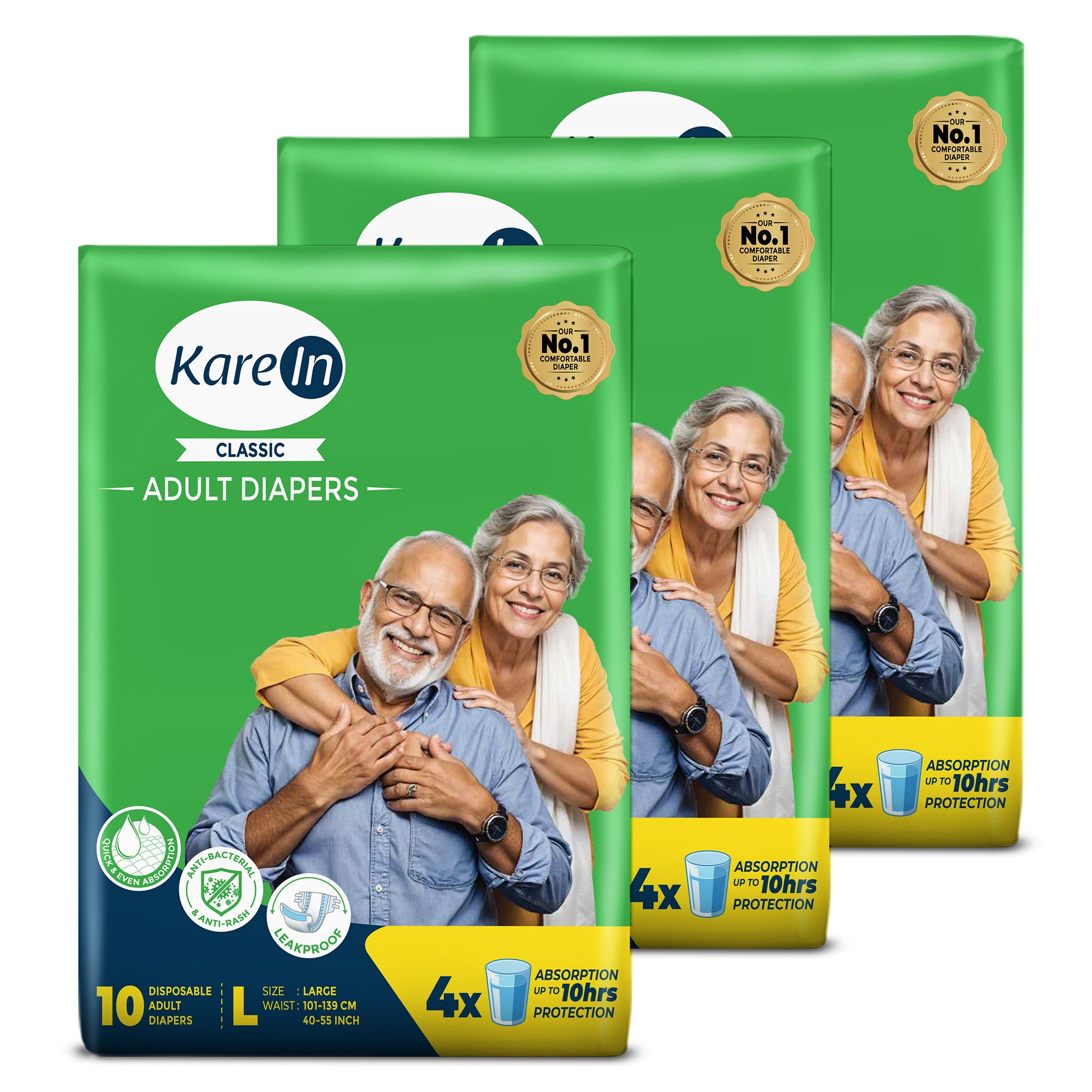KareIn Classic Adult Diapers, Large, Waist Size 101-139 Cm (40"-55"), Tape Style, Unisex, High Absorbency, Leak Proof, Wetness Indicator, Pack of 3, 30 diapers