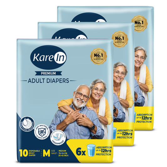 KareIn Premium Adult Diapers, Medium, Waist Size 76-114 Cm (30"-45"), Tape Style, Unisex, High Absorbency, Leak Proof, Wetness Indicator, Pack of 3, 30 diapers