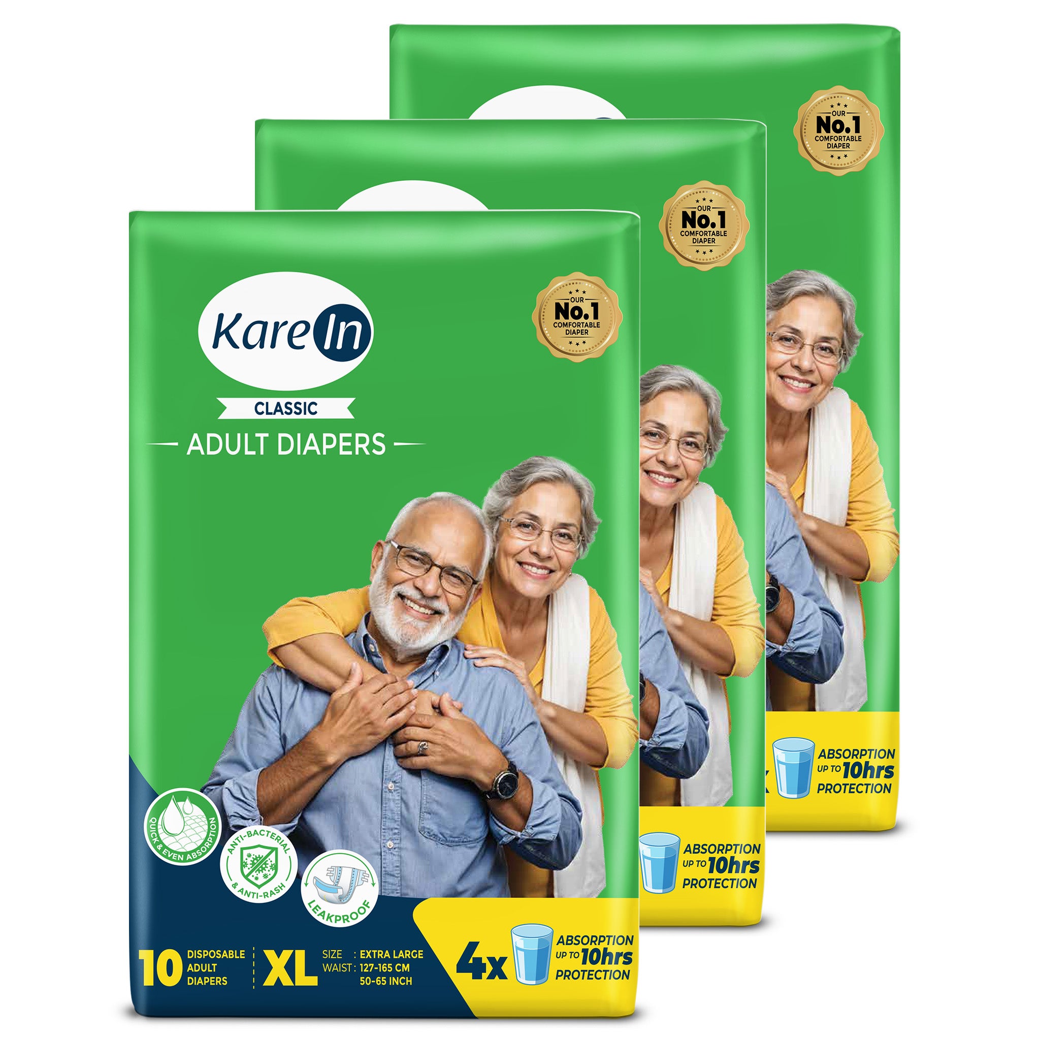 KareIn Classic Adult Diapers, Extra Large, Waist Size127-165 Cm (50"-65"), Tape Style, Unisex, High Absorbency, Leak Proof, Wetness Indicator, Pack of 3, 30 diapers