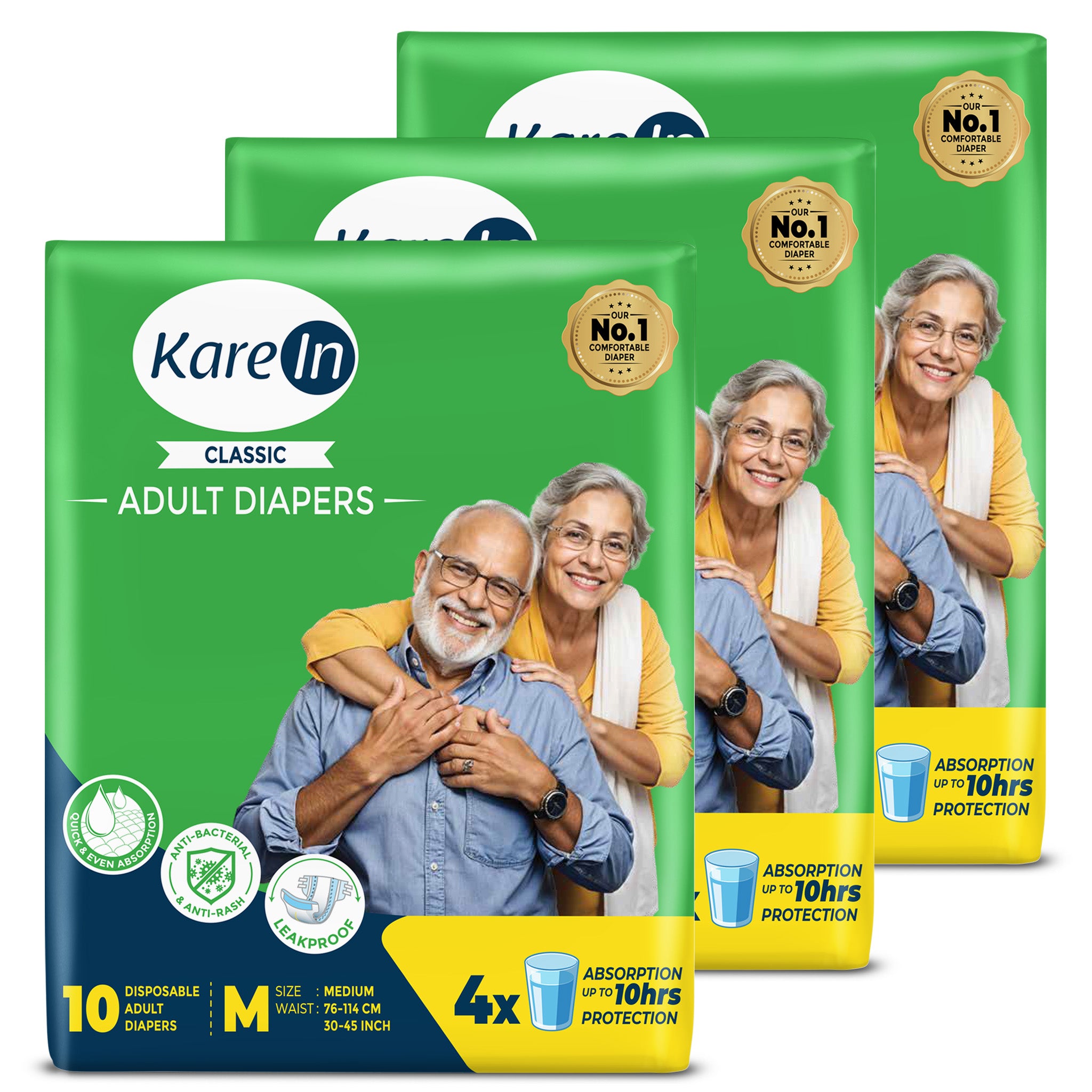 KareIn Classic Adult Diapers, Medium, Waist Size 76-114 Cm (30"-45"), Tape Style, Unisex, High Absorbency, Leak Proof, Wetness Indicator, Pack of 3, 30 diapers
