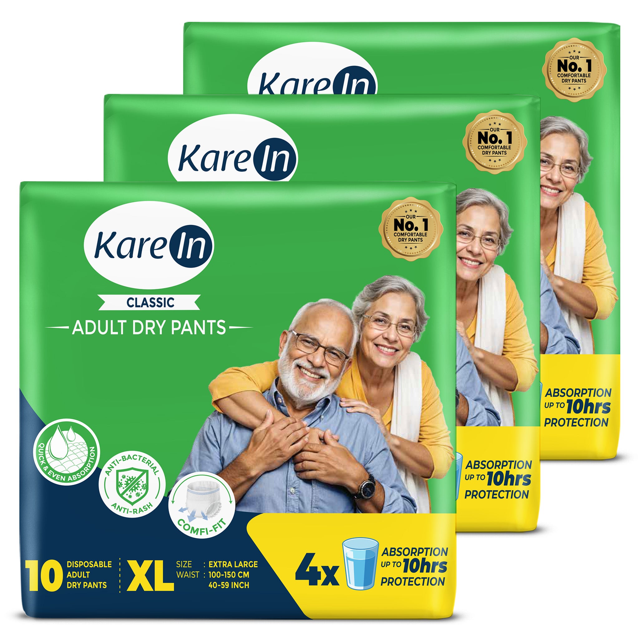 KareIn Classic Adult Diaper Pants, Extra Large 100 - 150 Cm (40"- 59"), Unisex, Leakproof, Elastic Waist, Wetness Indicator, Pack of 3, 30 Count