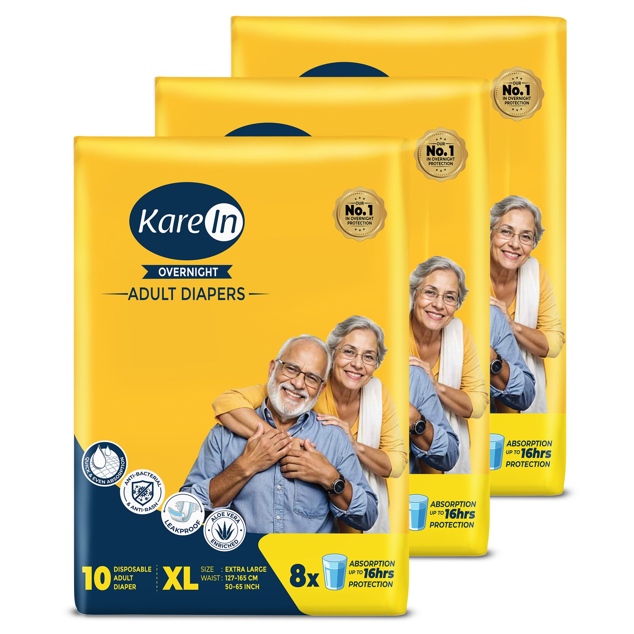 KareIn Overnight Adult Diapers, Extra Large, Waist Size 127-165 Cm (50"-65"), Tape Style, High Absorbency, Odour Free, With Aloe Vera Lotion, Anti-Bacterial, ADL, Leak Proof, Pack of 3, 30 Count
