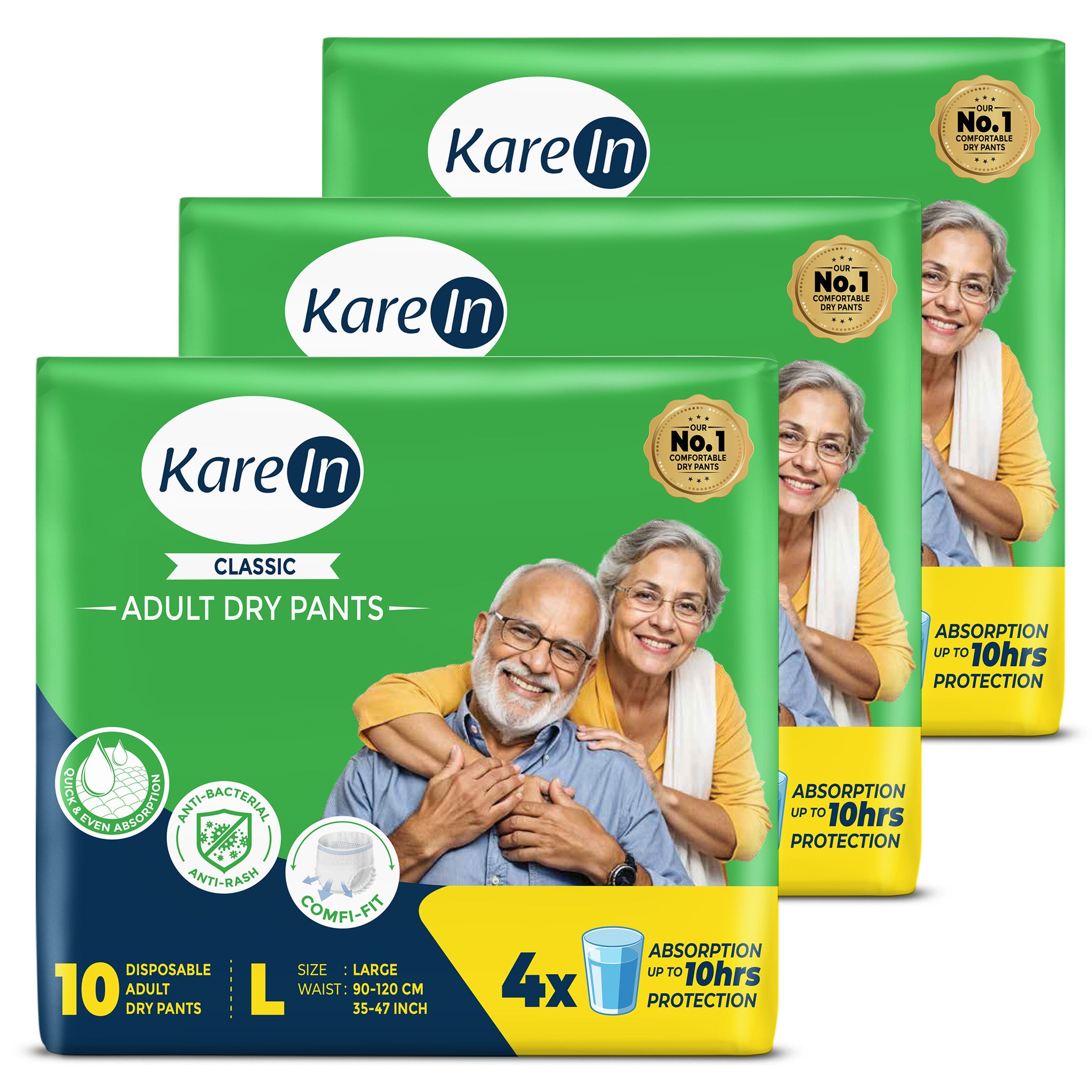 KareIn Classic Adult Diaper Pants, Large 90-120 Cm (35"- 47"), Unisex, Leakproof, Elastic Waist, Wetness, Indicator, Pack of 3, 30 Count