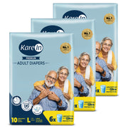 KareIn Premium Adult Diapers, Large, Waist Size 101-139 Cm (40"-55"), Tape Style, Unisex, High Absorbency, Leak Proof, Wetness Indicator, Pack of 3, 30 diapers