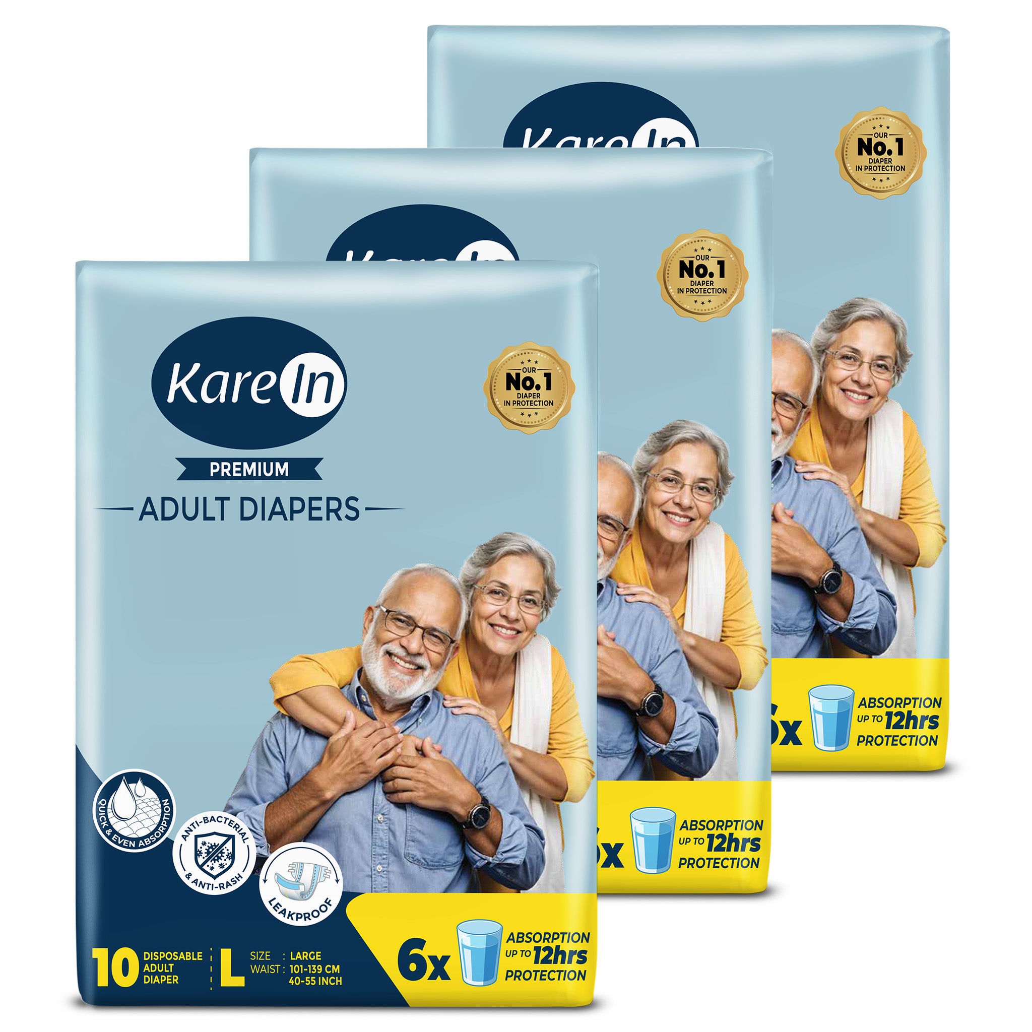 KareIn Premium Adult Diapers, Large, Waist Size 101-139 Cm (40"-55"), Tape Style, Unisex, High Absorbency, Leak Proof, Wetness Indicator, Pack of 3, 30 diapers