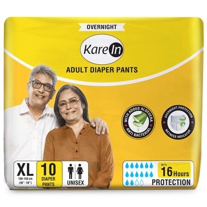 KareIn Overnight Adult Diaper Pants, Extra Large 100-150 Cm (40"- 59"), Unisex, Leakproof, Elastic Waist, With Aloe Vera Lotion, Anti-Bacterial, ADL, Wetness Indicator, 10 Count