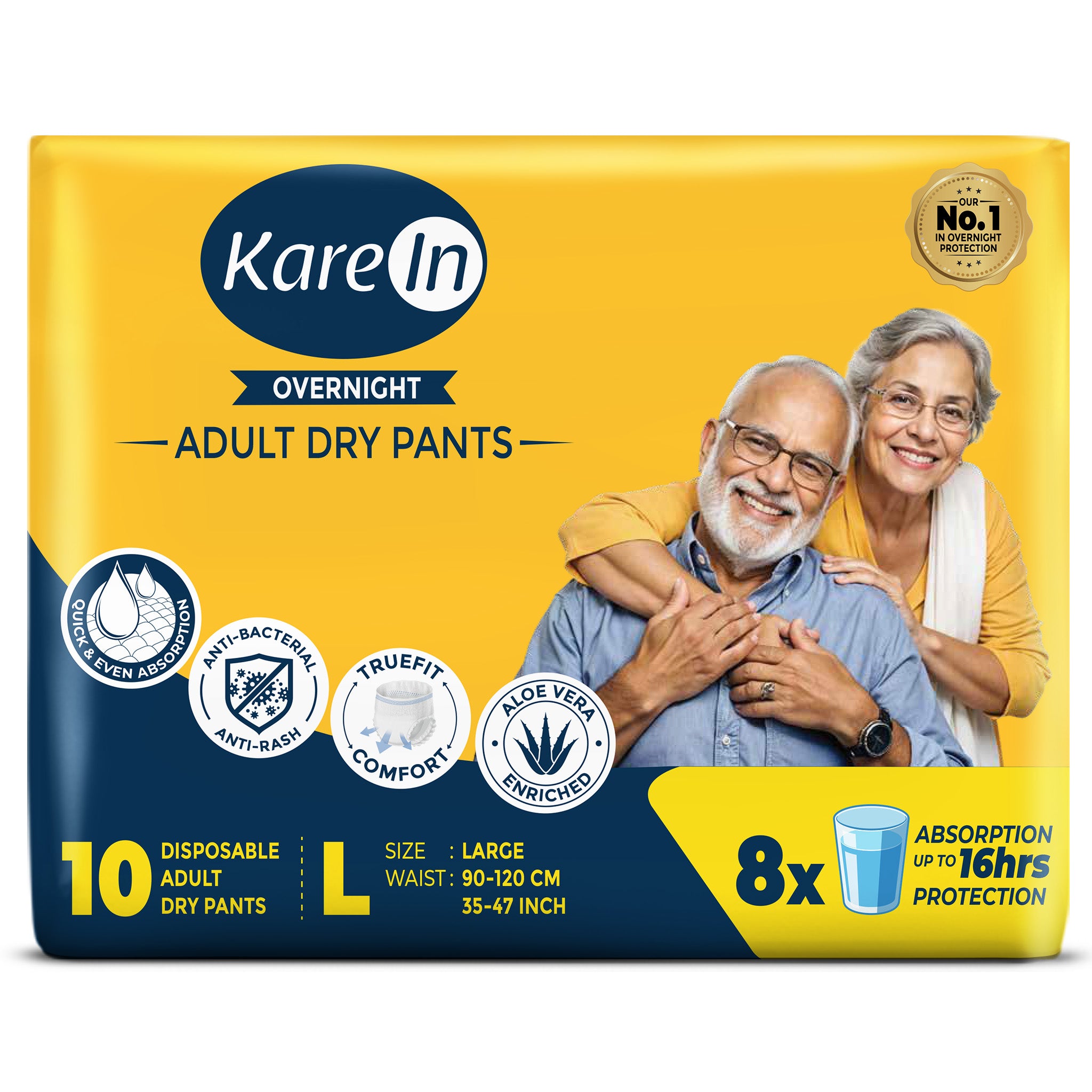 KareIn Overnight Adult Diaper Pants, Large 90-120 Cm (35"- 47"), Unisex, Leakproof, Elastic Waist, With Aloe Vera Lotion, Anti-Bacterial, ADL, Wetness Indicator, 10 Count