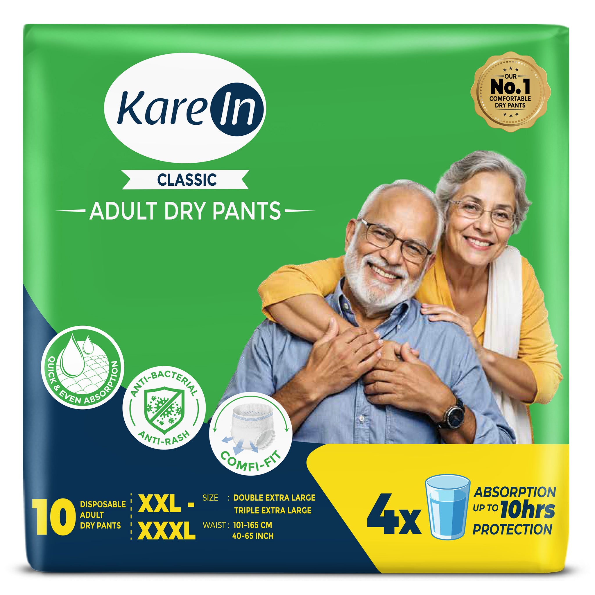 KareIn Classic Adult Diaper Pants, XXL-XXXL, 101 - 165 Cm (40"- 65"), Unisex, Leakproof, Elastic Waist, Wetness Indicator,10 Count