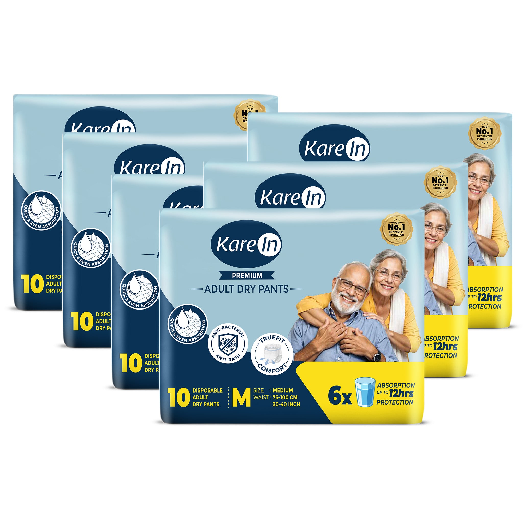 KareIn Premium Adult Diaper Pants, Medium 75 - 100 Cm (30"- 40"), Unisex, Leakproof, Elastic Waist, Wetness, Indicator, Pack of 6, 60 Count