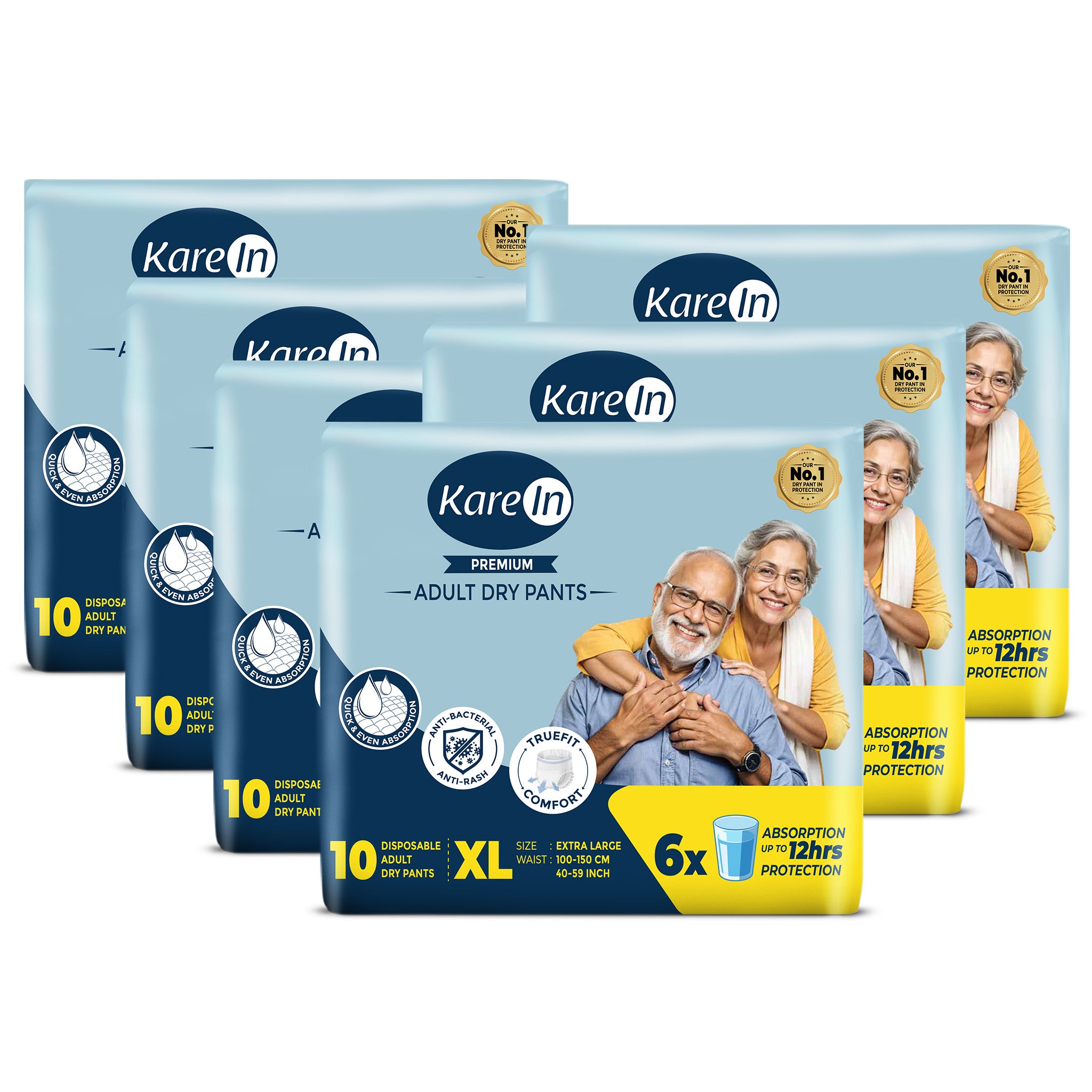 KareIn Premium Adult Diaper Pants, Extra Large 100 - 150 Cm (40"- 59"), Unisex, Leakproof, Elastic Waist, Wetness Indicator, Packof 6, 60 Count