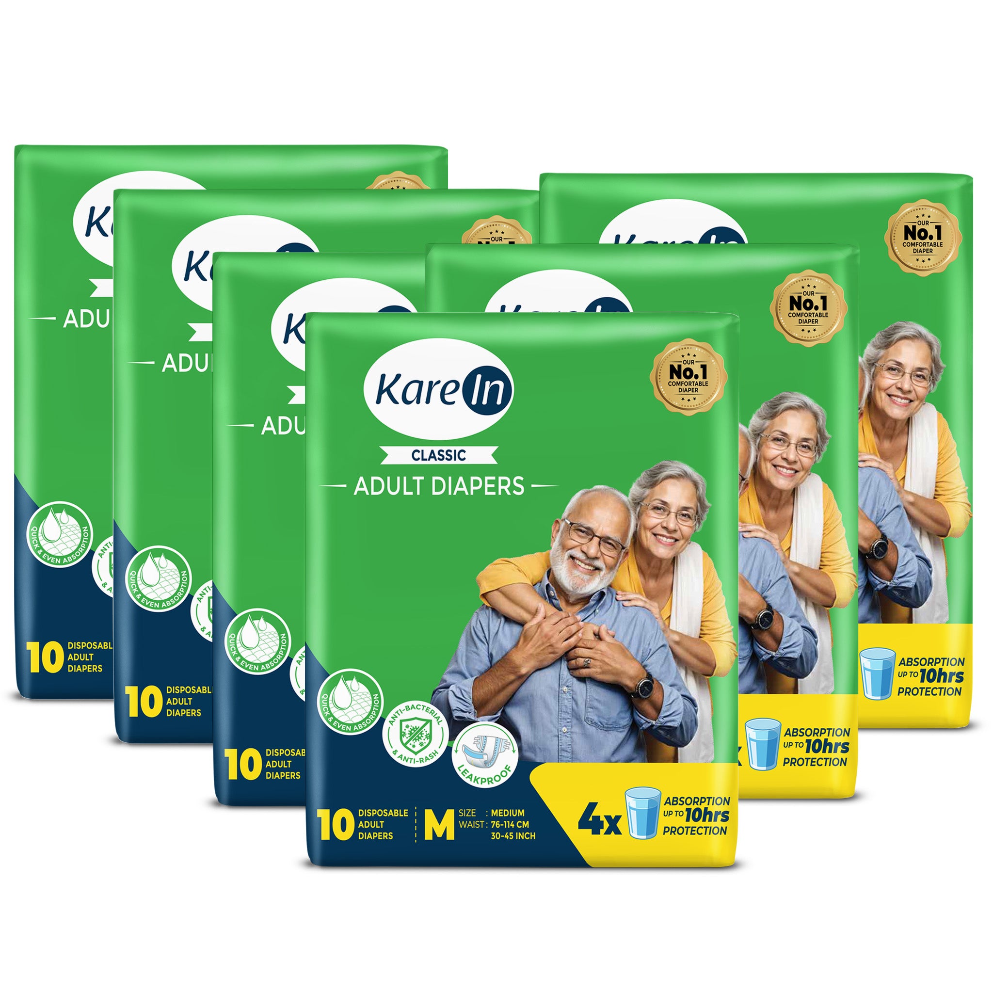 KareIn Classic Adult Diapers, Medium, Waist Size 76-114 Cm (30"-45"), Tape Style, Unisex, High Absorbency, Leak Proof, Wetness Indicator, Pack of 6, 60 diapers
