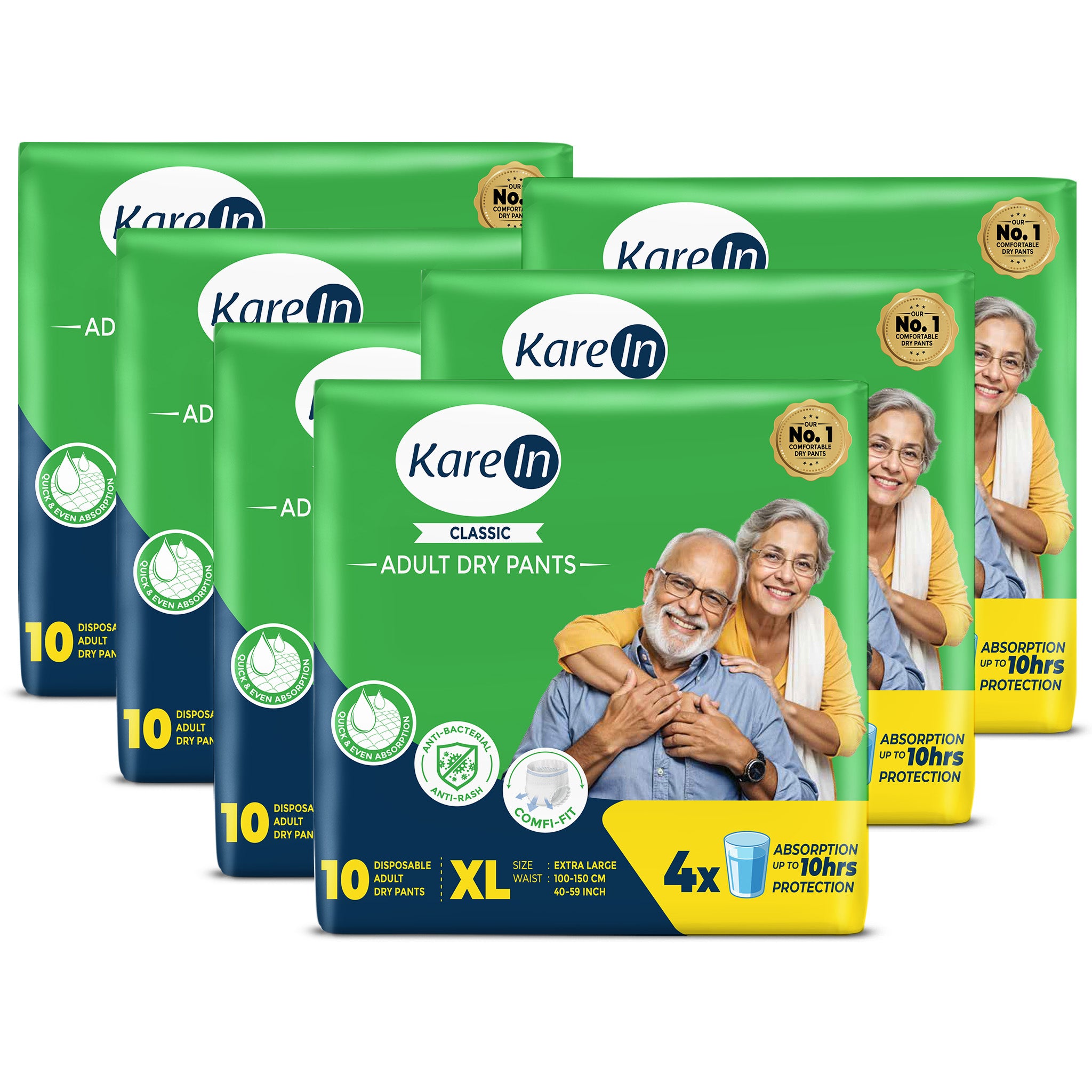 KareIn Classic Adult Diaper Pants, Extra Large 100 - 150 Cm (40"- 59"), Unisex, Leakproof, Elastic Waist, Wetness Indicator, Packof 6, 60 Count