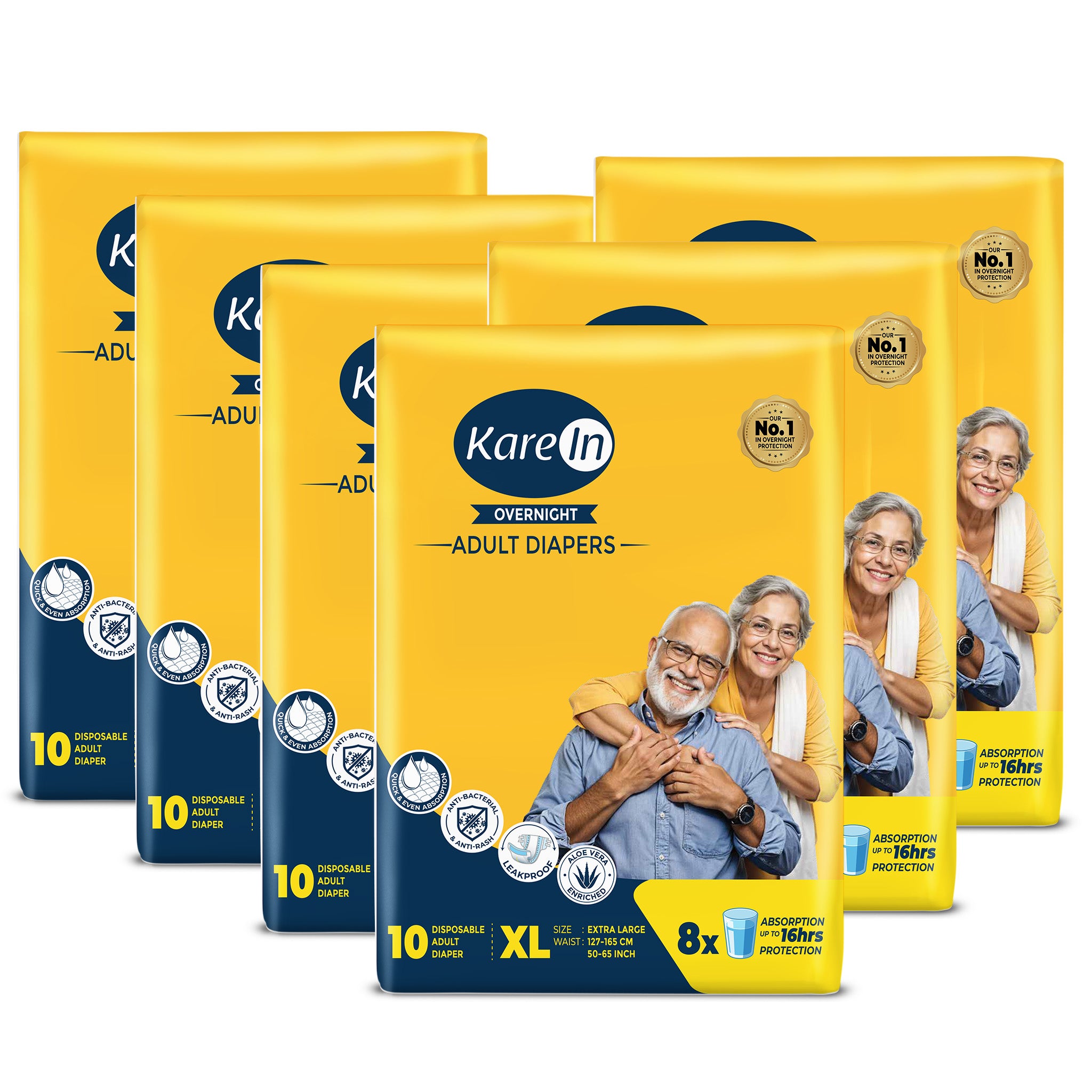 KareIn Overnight Adult Diapers, Extra Large, Waist Size 127-165 Cm (50"-65"), Tape Style, High Absorbency, Odour Free, With Aloe Vera Lotion, Anti-Bacterial, ADL, Leak Proof, Pack of 6, 60 Count