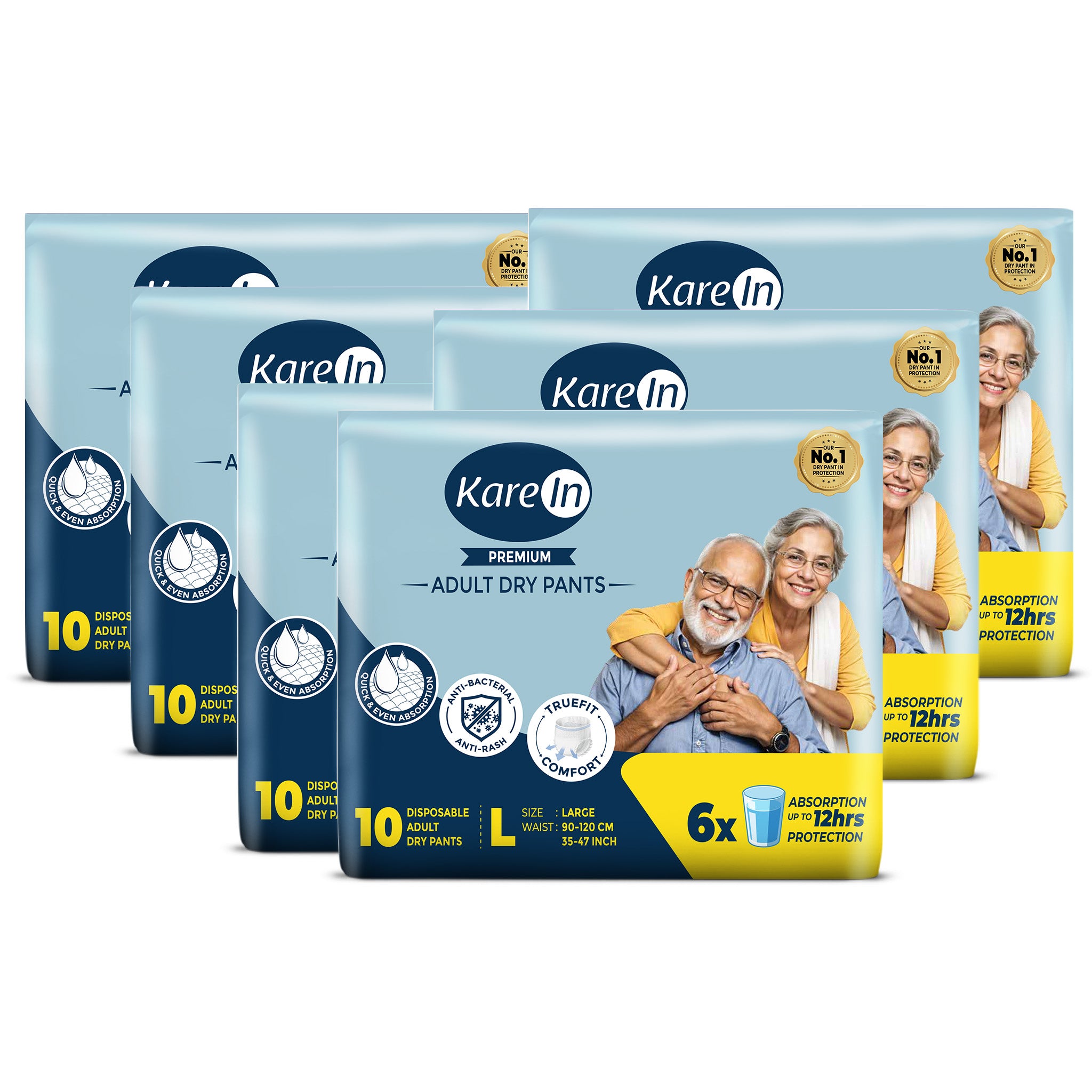 KareIn Premium Adult Diaper Pants, Large 90-120 Cm (35"- 47"), Unisex, Leakproof, Elastic Waist, Wetness, Indicator, Pack of 6, 60 Count